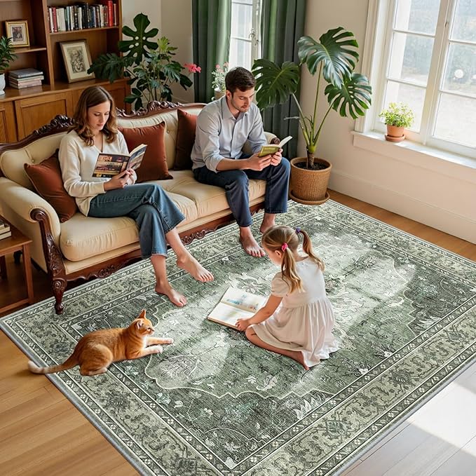 RELEANY Area Rugs 6'x9' Washable Non-Slip, Floral Vintage Distress Print Pattern Medallion Carpet for Living Room Bedroom Dining Room, Dark Green Gray
