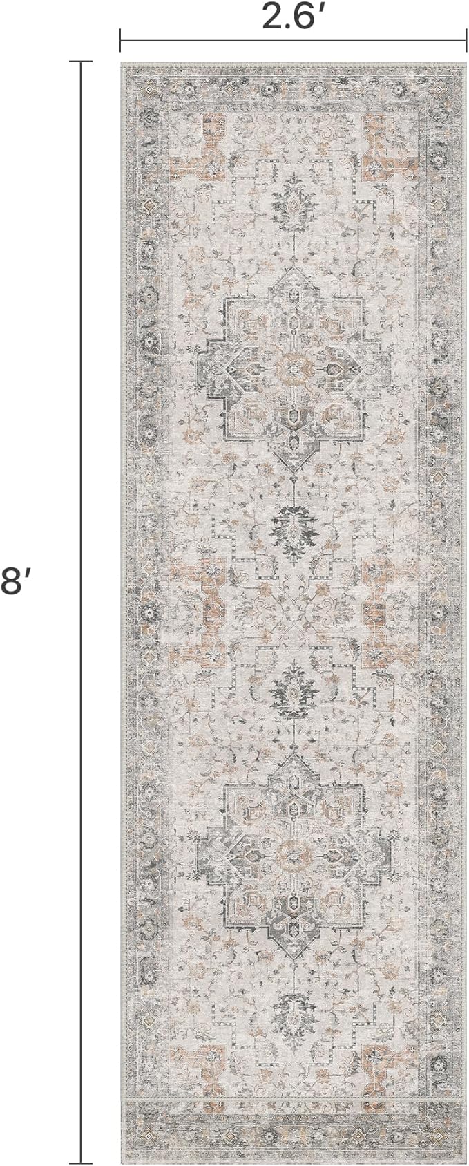 BESBLEE Runner Rug 2'6''x8, Non Slip Vintage Hallway Runner Rugs, Low Pile Lightweight Machine Washable Mat for Hallway, Entryway, Bedroom, Kitchen and Corridor, Light Taupe Brown