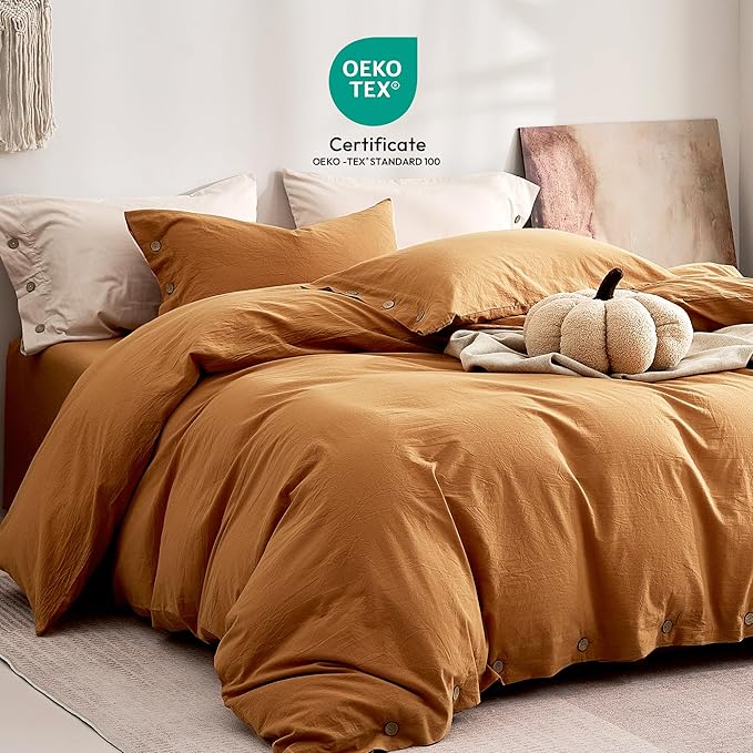 JELLYMONI 100% Washed Cotton Duvet Cover Queen – Soft, Breathable Linen-Look Bedding with Natural Wrinkle Texture, Button Closure, 3-Piece Set (Amber Orange, 90"x90")