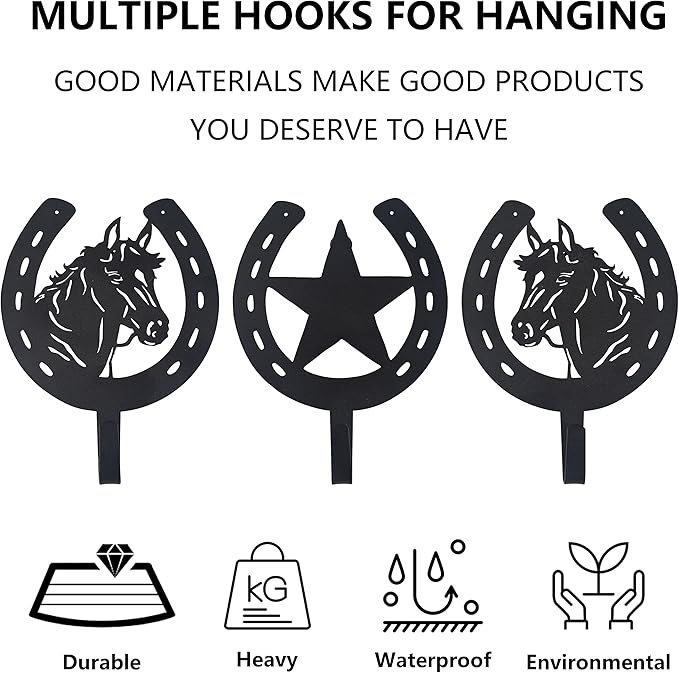 3PCS Horse Star Rustic Ranch Horse Head Hook Coat Hooks, Key Hooks