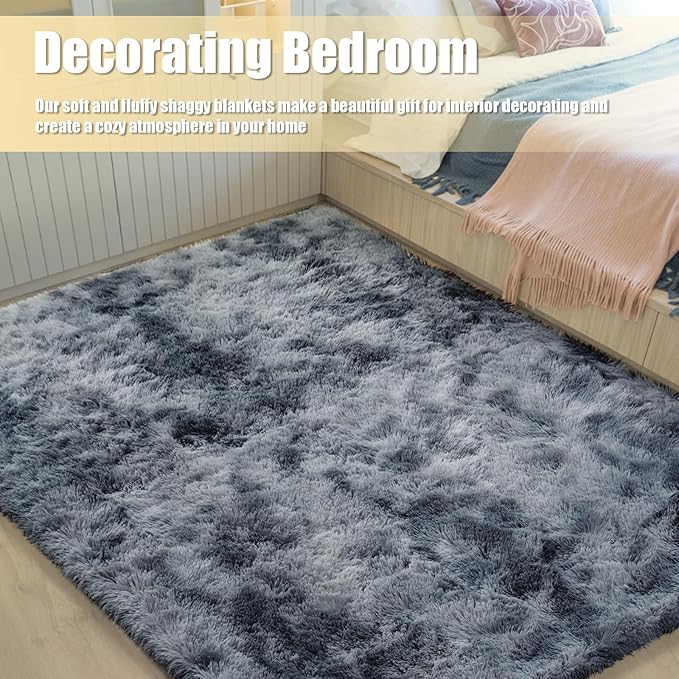 6x9 Fluffy Area Rug for Living Room,Shag Area Rugs for Bedroom,Tie-Dyed Black Soft Fuzzy Rug Non-Shedding Indoor Plush Carpet for Kids Bedroom Nursery Dorm Home Decor