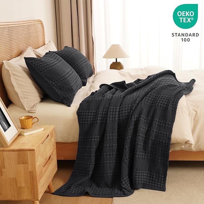 PHF 100% Cotton Waffle Weave Throw Blanket, Soft Lightweight Breathable Cozy Throws for Couch Bed Sofa, 300 GSM Luxury Aesthetic Blanket Gift for Home Decor & Office, 50"x60", Black