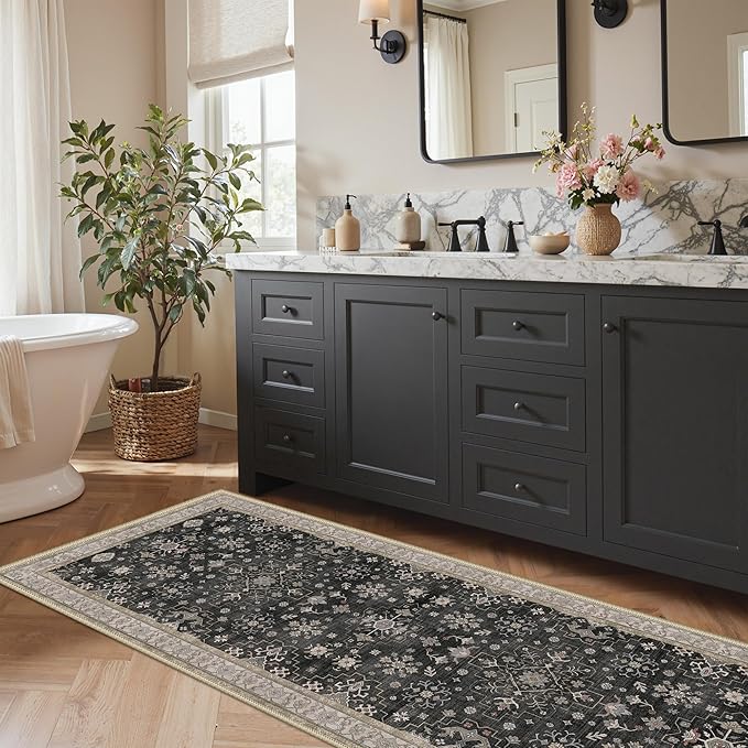 GENIMO 2'6‘’x8 Runner Rug,Machine Washable Non-Slip Vintage Rugs,Low Pile Lightweight Carpet for Bedroom,Hallway,Entryway,Kitchen,Bathroom,Black