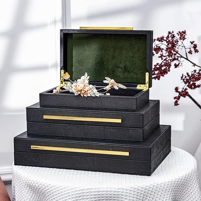 XINSTAR Faux Black Shagreen Leather Decorative Boxes,Decorative Storage Boxes With Lids 3 Pcs Set,Storage Boxes Jewelry Organizer,Women'S Accessory Organizer Men'S Jewelry Organizer