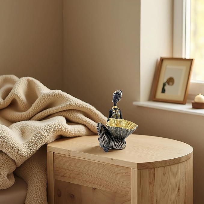 African Woman Sitting Statue with Small Decorative Bowl – Resin Figurine, Black and Gold African Sculpture, Jewelry Holder Dish, African Home Decor Gift