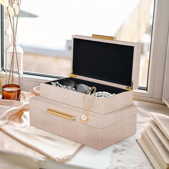 Hanna Roberts Faux Leather Stackable Nesting Jewelry Box with Lids Organizer – Set of 2 Beige Shagreen Decorative Storage Boxes with Gold Metal Handles