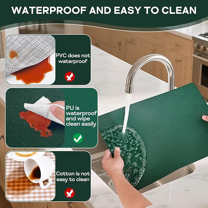 Faux Leather Placemats Set of 6, Vinyl Placemats Heat Resistant Place Mats, Waterproof Oil-Proof Wipeable Dining Table Mats and Coasters for Kitchen, Indoor, Outdoor (Deep Green)