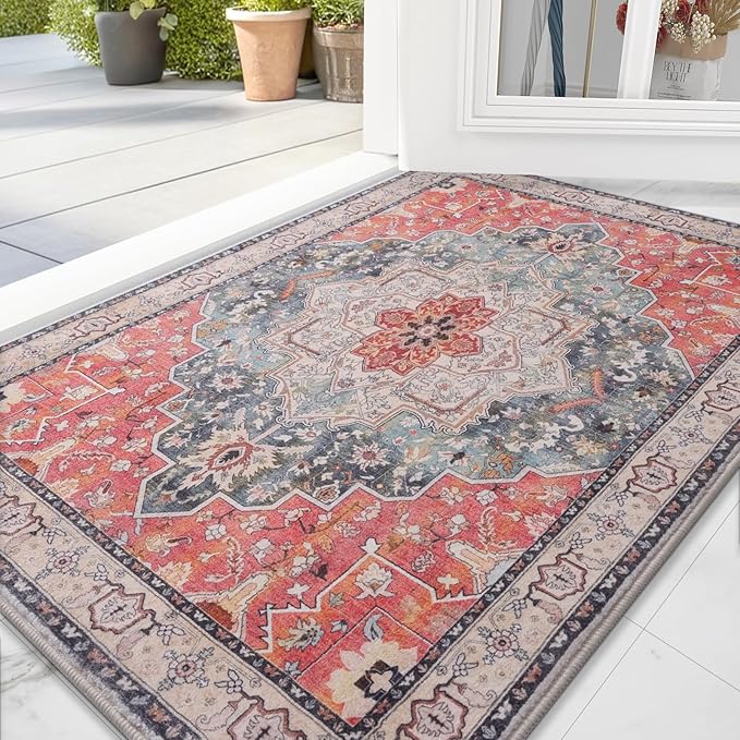 Vanmoos 2x3 Washable Area Rug – Soft, Non-Slip Entrance Rug, Durable Indoor Door mat, Floor Carpet for High-Traffic Areas, Entryway, Kitchen, and Bedside, Artistic Flair/Brick Red