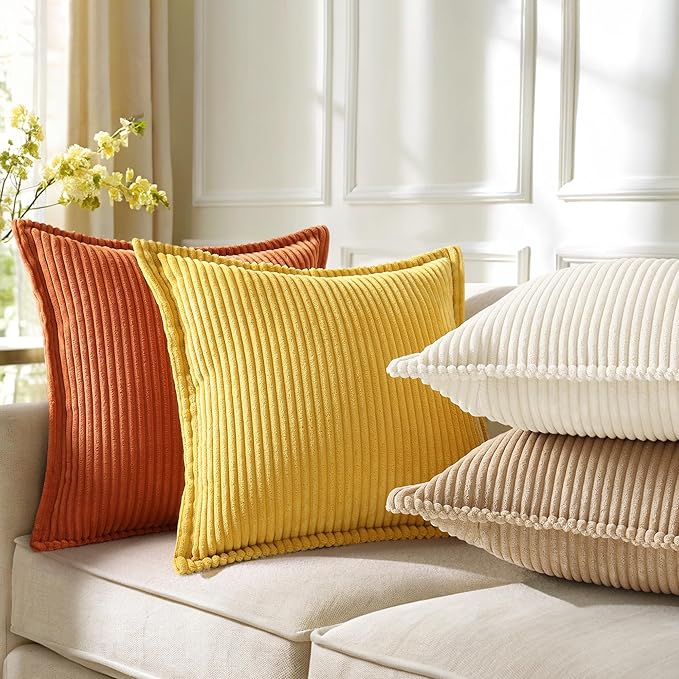 decorUhome Spring Corduroy Mustard Yellow Euro Sham Throw Pillow Covers 22x22 Set of 2 Decorative Soft Boho Farmhouse Couch Pillow Covers for Living Room Bed Sofa Broadside Striped Pillow Cases