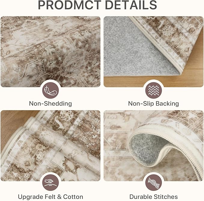 BESBLEE 3x5 Area Rugs for Living Room, Machine Washable Non Slip Vintage Rugs, Low Pile Lightweight Print Rug for Bedroom, Dining Room, Home Office, Latte Beige
