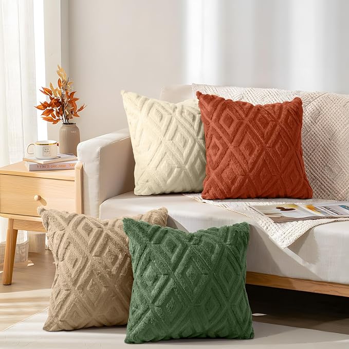 decorUhome Pack of 4 Faux Fur Christmas Throw Pillow Covers 18x18, Soft Decorative Couch Pillow Covers with Velvet Back for Modern Sofa Living Room, Khaki/Rust