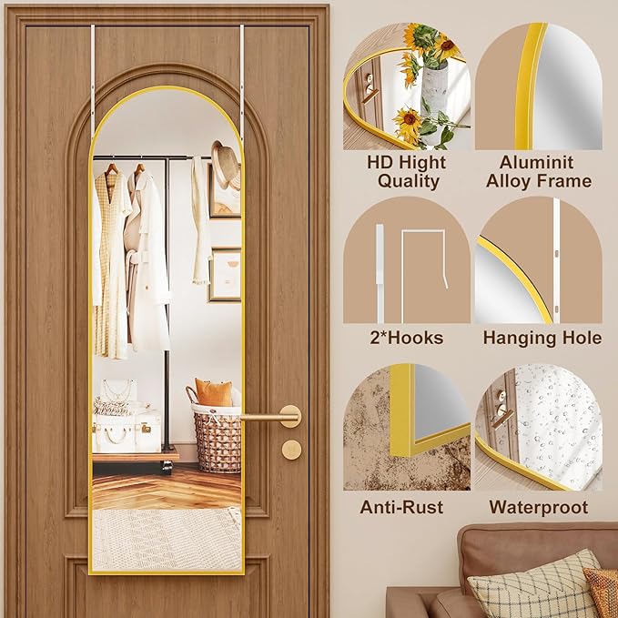Full Length Door Mirror, Wall Mounted Wall & 48"X18"Arched Behind Door Mirrors, Full Length Mirror for Use in Living Rooms, Rooms, Bedrooms, Cloakrooms, etc. (Gold)