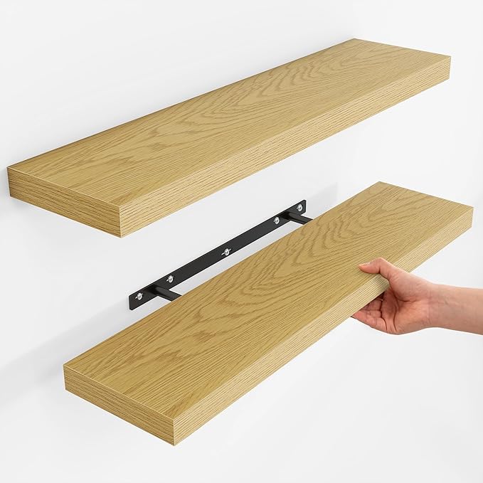 Fun Memories Rustic Wood Floating Shelves for Wall, Space-Saving Wall Mounted Shelves for Bathroom, Bedroom, Living Room and Kitchen, Stylish Storage & Display (Set of 2, Oak, 32 in)