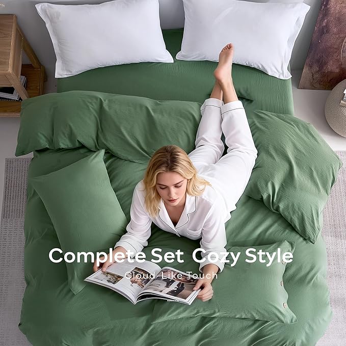 JELLYMONI 100% Washed Cotton Duvet Cover Twin – Soft, Breathable Linen-Look Bedding with Natural Wrinkle Texture, Button Closure, 2-Piece Set (Dusty Green, 68"x90")