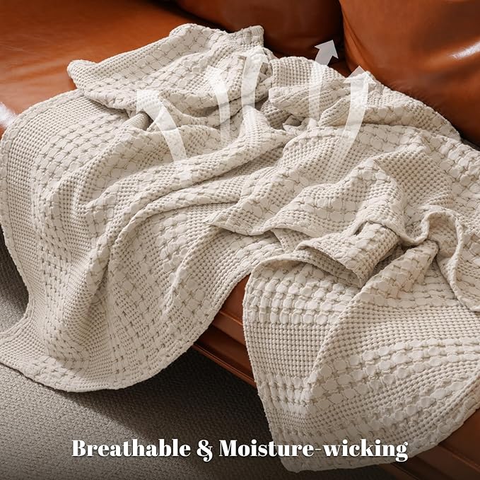 PHF 100% Cotton Waffle Weave Throw Blanket, Soft Lightweight Breathable Cozy Throws for Couch Bed Sofa, 300 GSM Luxury Aesthetic Blanket Gift for Home Decor & Office, 50"x60", Oatmeal