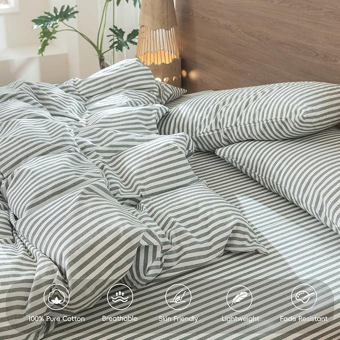 MooMee Striped Duvet Cover Set 100% Washed Cotton Linen Like Textured Breathable Durable Soft Comfy (Heathered Green Classic Stripes, Queen 90"x90")
