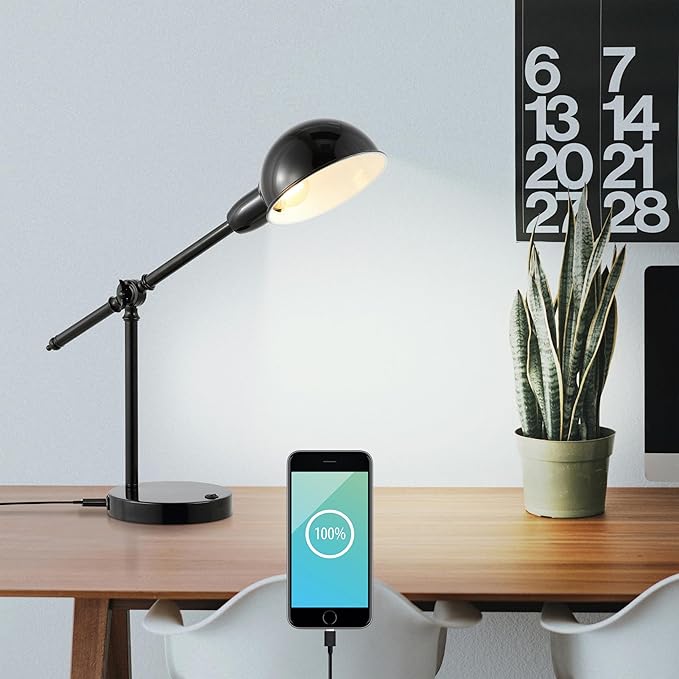 JONATHAN Y JYL7123A 20.25" Industrial Desk Lamp with USB Port, Vintage Black Metal Task Lamp with Adjustable Dome Shade for Home Office Reading, Bedside Nightstand Lamp for Bedroom, LED Bulb Included