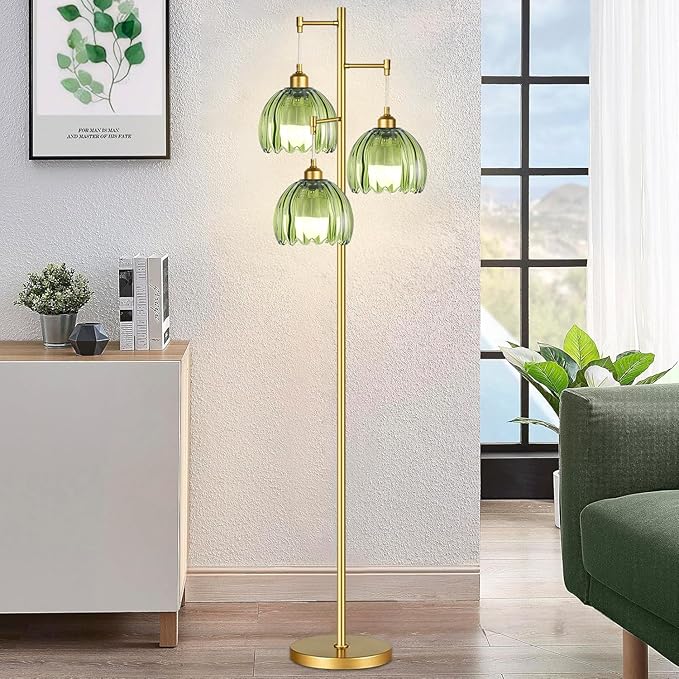 ZECOXOL Gold Floor Lamps for Living Room Bedroom-3 Light Green Glass Floor Lamp with Three Led Bulb, Rustic Tall Floor Lamp Gold Standing Lamp Tree Floor Lamps for Living Room Bedroom,Office,Corner