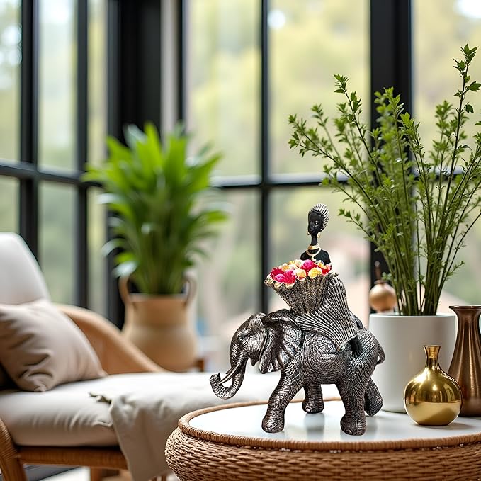 African Woman Riding Elephant Statue with Decorative Bowl, African Figurine Sculpture, Black and Gold Elephant Decor, Jewelry Tray Trinket Dish, Cultural Home Decor Gift