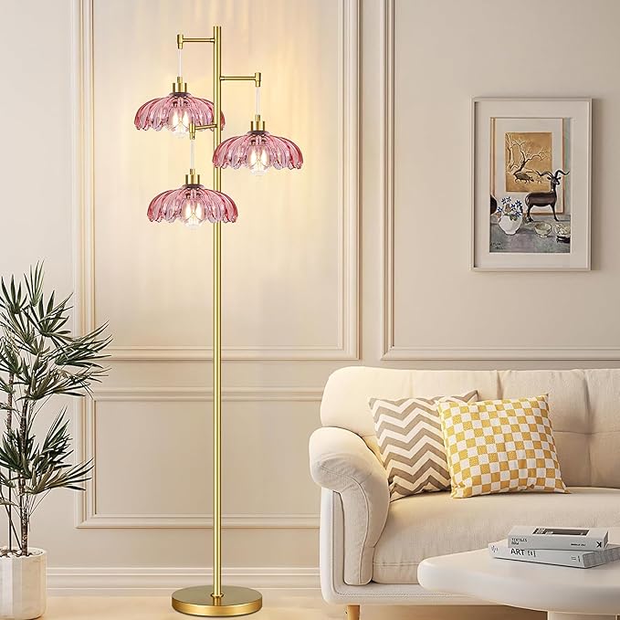 ZECOXOL Vintage Floor Lamps for Living Room Bedroom-3 Light Glass Floor Lamp with Three Led Bulb, Modern Mid Century Standing Lamp Brass Tall Lamp Gold Tree Floor Lamp for Bedroom Corner