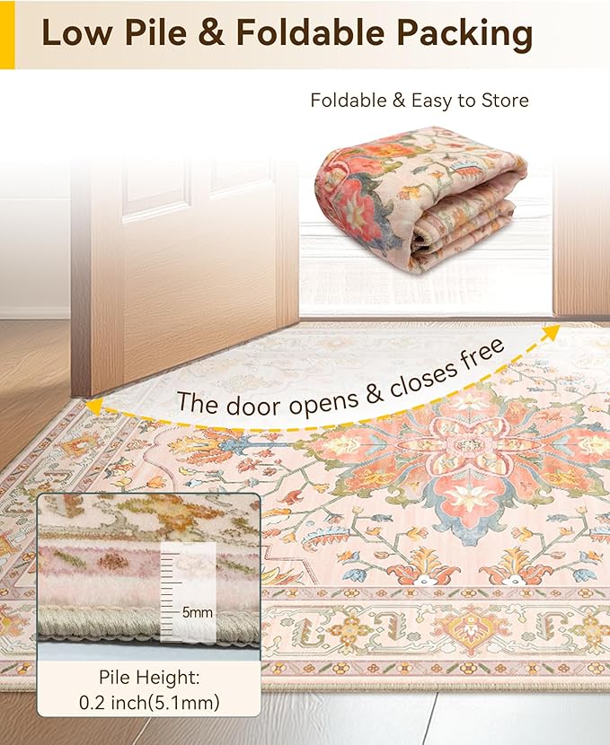 RELEANY Area Rugs Square 4ft Washable Non-Slip, Floral Vintage Distress Print Pattern Medallion Carpet for Living Room Bedroom Dining Room, Light Pink Colorful