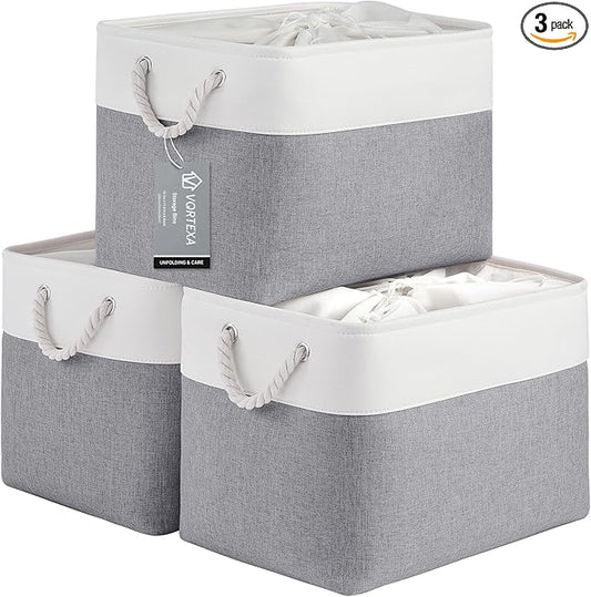 Large Storage Baskets- 16x12x12 inch Storage Bins for Shelves and Closet Organizing, Foldable Fabric Bin for Home Organization Clothes and Laundry (3-Pack, White&Gray)