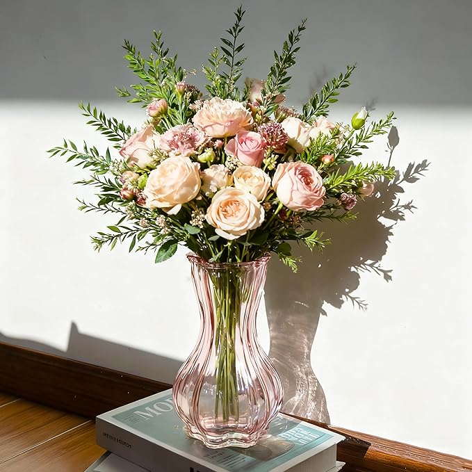 Flower Vase,Glass Vases Set of 2,Blush Clear Pink Vase 8 inch,for Home Decor,Valentains Day Decorations Indoor,Gifts,Wedding,Anniversary,Centerpieces