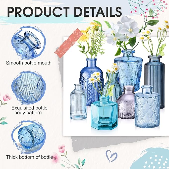 Yaomiao 30 Pcs Vases Bulk Colored Flower Glass Bud Vases Valentine Vintage Colored Glass Bottles Colorful Rustic Embossed for Home Wedding Table Decorations Gifts(Blue Series)