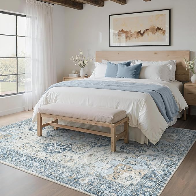 BESBLEE 6x9 Area Rugs for Living Room, Machine Washable Rug, Non Slip Vintage Rugs, Low Pile Lightweight Print Rug for Bedroom, Dining Room, Home Office, Blue