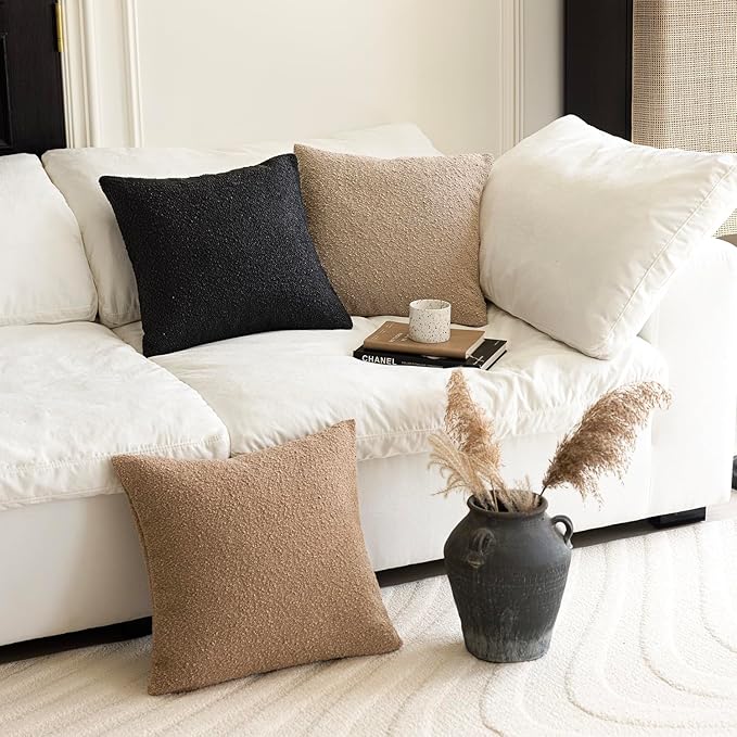 Foindtower Decorative Textured Boucle Throw Pillow Covers Accent Solid Pillow Cases Neutral Soft Cozy Couch Cushion Case for Chair Sofa Bedroom Living Room Home Decor 18 x 18 Inch,Black