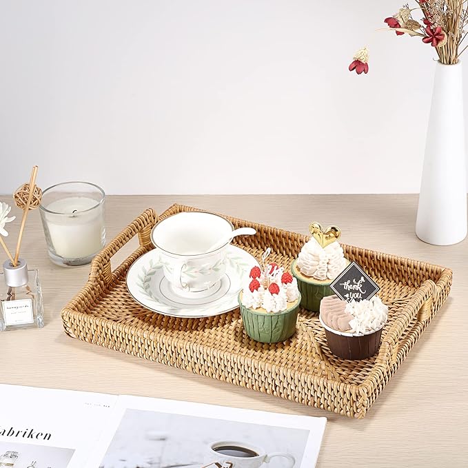 Hipiwe Rattan Serving Tray with Handles - Hand-Woven Decorative Tray for Storage Breakfast, Drinks, Snack,Rectangular Basket Organizer Tray for Coffee Table, Home Decor (Medium)