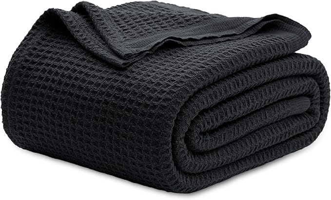 Bedsure Gentlesoft 100% Cotton Blanket King Size for Bed - Breathable and Soft for Spring Summer, Thick Cozy Waffle Weave Blanket Gifts for Women, Black, 104x90 inches