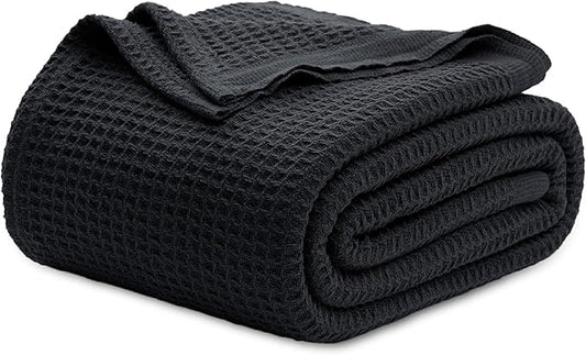 Bedsure Gentlesoft 100% Cotton Blanket King Size for Bed - Breathable and Soft for Spring Summer, Thick Cozy Waffle Weave Blanket Gifts for Women, Black, 104x90 inches