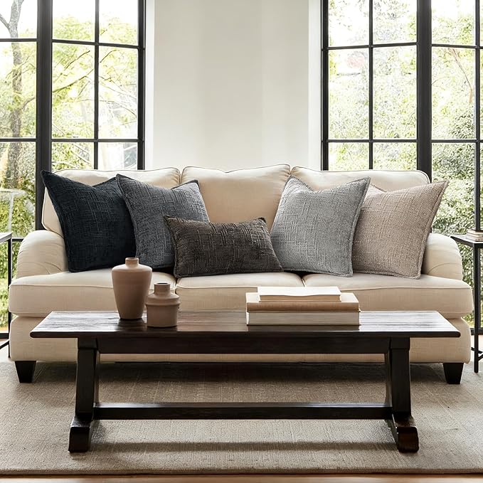 decorUhome Chenille Throw Pillow Covers 18x18 Set of 2, Thick Textured Slubby Neutral Decorative Pillow Covers with Elegant Design for Couch, Sofa, Living Room, Dark Grey