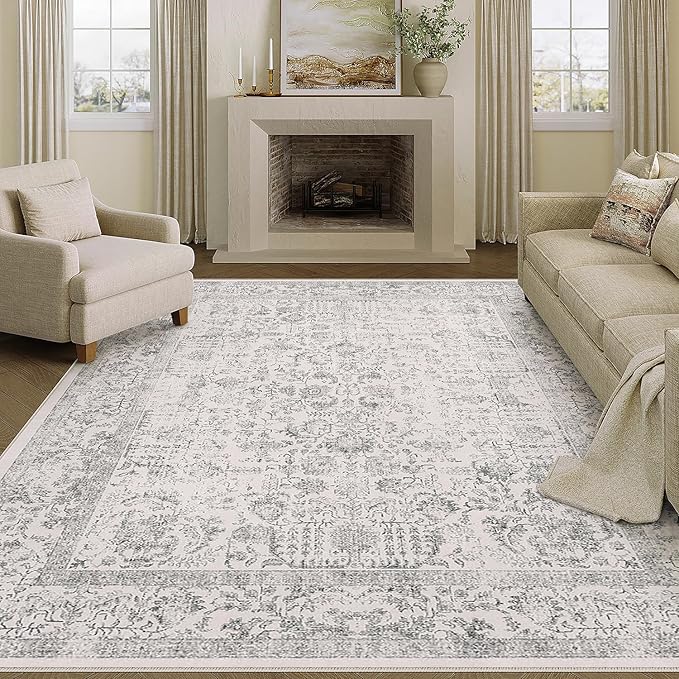 PureCozy Gray Area Rug 5x7 Machine Washable Vintage Living Room Distressed Non Slip Carpet Traditional Indoor Bedroom Grey Retro Floral Accent Throw Large Rug for Office Kitchen Bathroom Dining Room