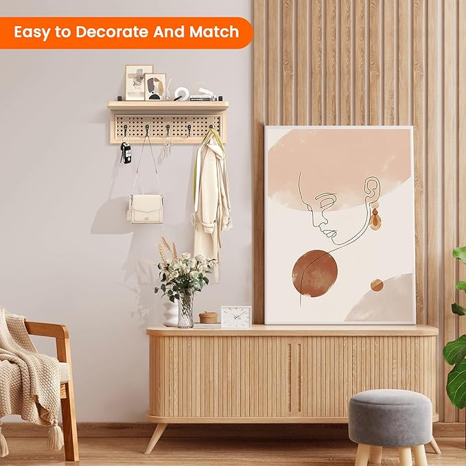 Homode Coat Rack Wall Mount with Shelf, Boho Rattan Entryway Wall Shelf with Hooks, Natural Wood Floating Shelves with 5 Pegs, Hanging Coat Hooks Hat Hanger for Nursery Bedroom Living Room Kitchen