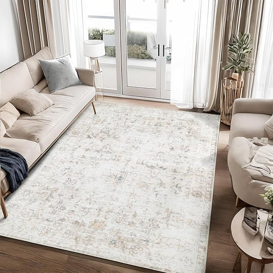 Dotiiorug Washable 6×9 Area Rug for Living Room, Vintage Floral Rug Soft Non Slip Stain Resistant Boho Carpet for Indoor Bedroom Dinning Room Home Office Beige