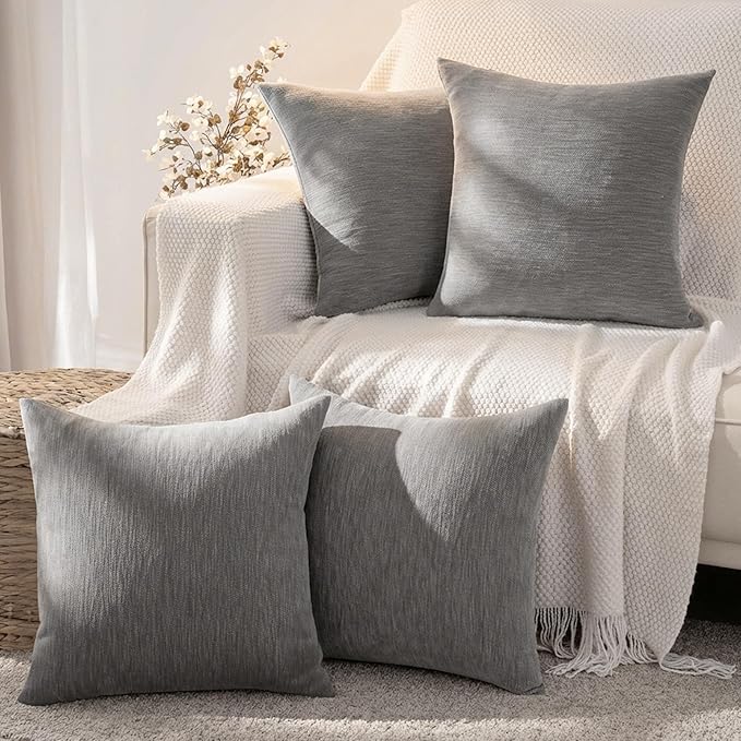 Set of 4 Grey Throw Pillow Covers 20x20 Inch, Neutral Boho Farmhouse Aesthetic Decorative Pillow Cases for Couch, Sofa, Living Room & Bed, Soft Chenille Pillow Cases, Stylish Home Decor, 50x50 cm