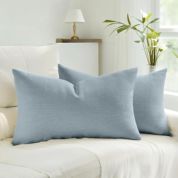 HAUSSY Denim Blue Throw Pillow Covers 12x20 Inch Set of 2,Boho Decorative Faux Linen Lumber Throw Pillows Cozy Farmhouse Accent Cushion Covers,Home Decor for Couch Sofa Bed Living Room