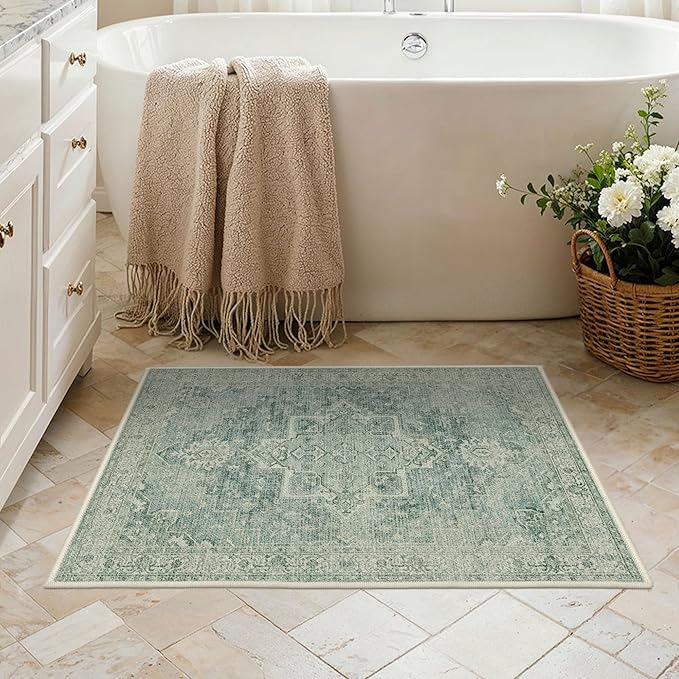 BESBLEE Area Rug 2x3 Doormat, Machine Washable Low Pile Vintage Rugs, Small Lightweight Rug Entryway Indoor Mat for Entrance, Hallway, Kitchen and Corridor, Green