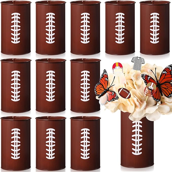 Domensi 12 Pcs Football Table Centerpiece Football Vases Decor Galvanized Metal Vases for Artificial Flowers Rugby Funny Pen Holder Utensil Holder Jars for Kitchen Home Rugby Party Decorations Gifts