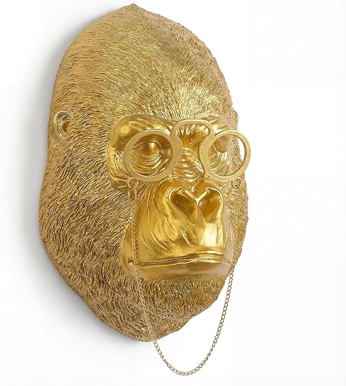 Juedawyal Golden Animal Head Wall Decor – Gorilla with Glasses, Resin Eclectic Wall Art for Entryway, Bar & Living Room