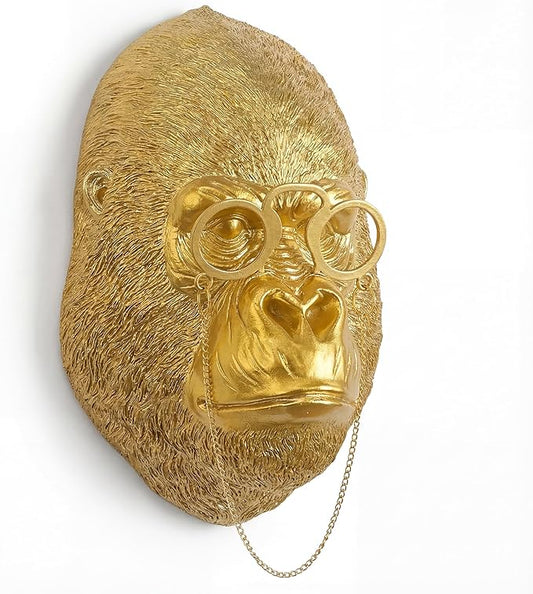 Juedawyal Golden Animal Head Wall Decor – Gorilla with Glasses, Resin Eclectic Wall Art for Entryway, Bar & Living Room