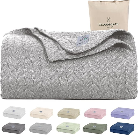 Cloud Scape Linen 100% Cotton Blanket King 92x108 Charcoal Grey - Cozy Herringbone Weave, Fits Up to Cal King Beds, Breathable Softness, All-Season Warmth, Heavy Layering Winter Blanket
