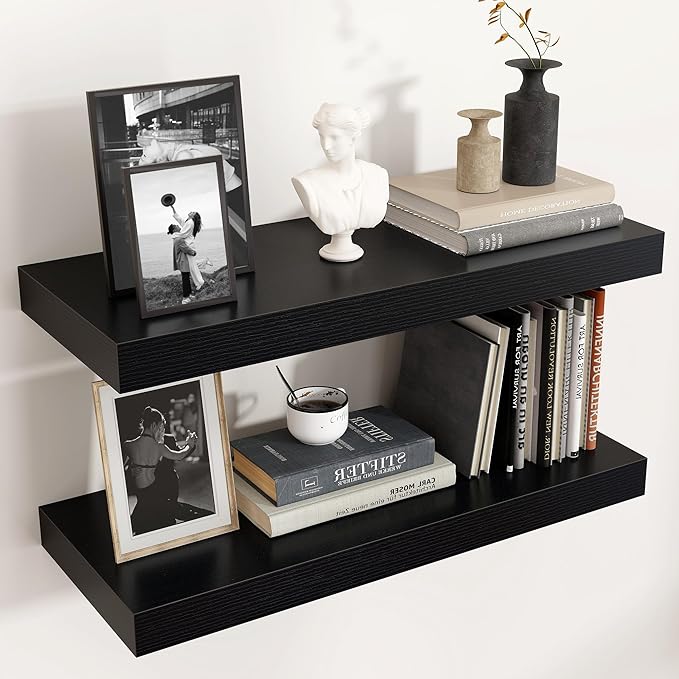 Floating Shelves for Wall, Engineered Wood Wall Shelves with Invisible Brackets for Living Room Bedroom Bathroom Office Kitchen Decor and Storage (Black, 24" W x 9" D x 1.5" H) Set of 2
