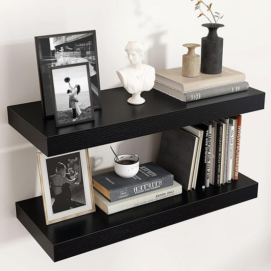 Floating Shelves for Wall, Engineered Wood Wall Shelves with Invisible Brackets for Living Room Bedroom Bathroom Office Kitchen Decor and Storage (Black, 24" W x 9" D x 1.5" H) Set of 2