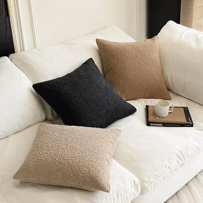 Foindtower Decorative Textured Boucle Throw Pillow Covers Accent Solid Pillow Cases Neutral Soft Cozy Couch Cushion Case for Chair Sofa Bedroom Living Room Home Decor 18 x 18 Inch,Black