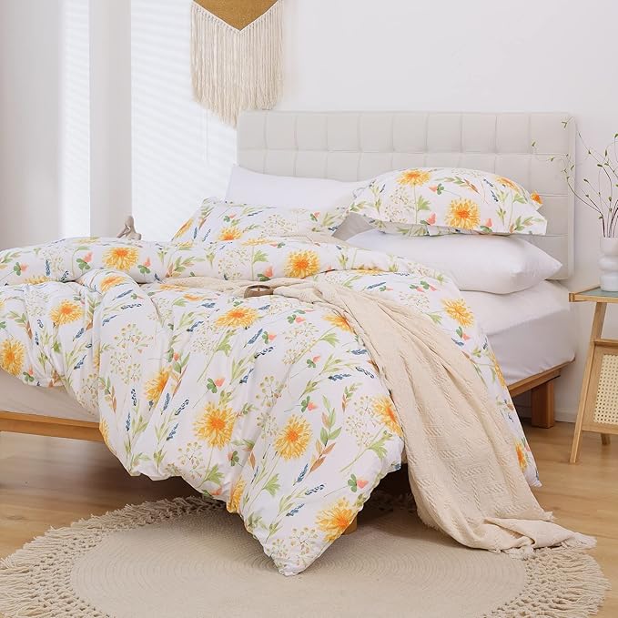 JSD Yellow Floral Duvet Cover Set Queen Size, 3 Piece Spring Printed Microfiber Comforter Covers Zipper Closure