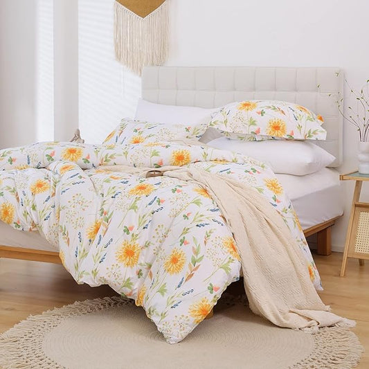 JSD Yellow Floral Duvet Cover Set Queen Size, 3 Piece Spring Printed Microfiber Comforter Covers Zipper Closure