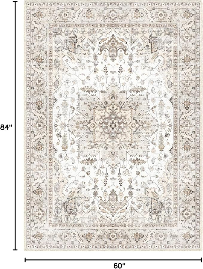 Fortsea Area Rug 5x7, Machine Washable Rugs for Bedroom, Large Non Slip Persian Rug for Bedroom Living Room Kitchen Entryway Bathroom Office Carpet Brown…